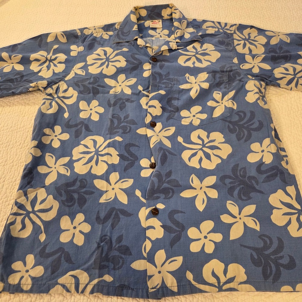 Go Barefoot Mens‎ Hawaiian Shirt Medium Blue Hibiscus Floral Cotton Made in USA
